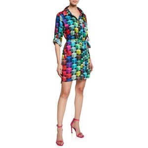 Milly Sz. M Button Front 3/4 Sleeve Colorblock Cube Print Mini Shirtdress